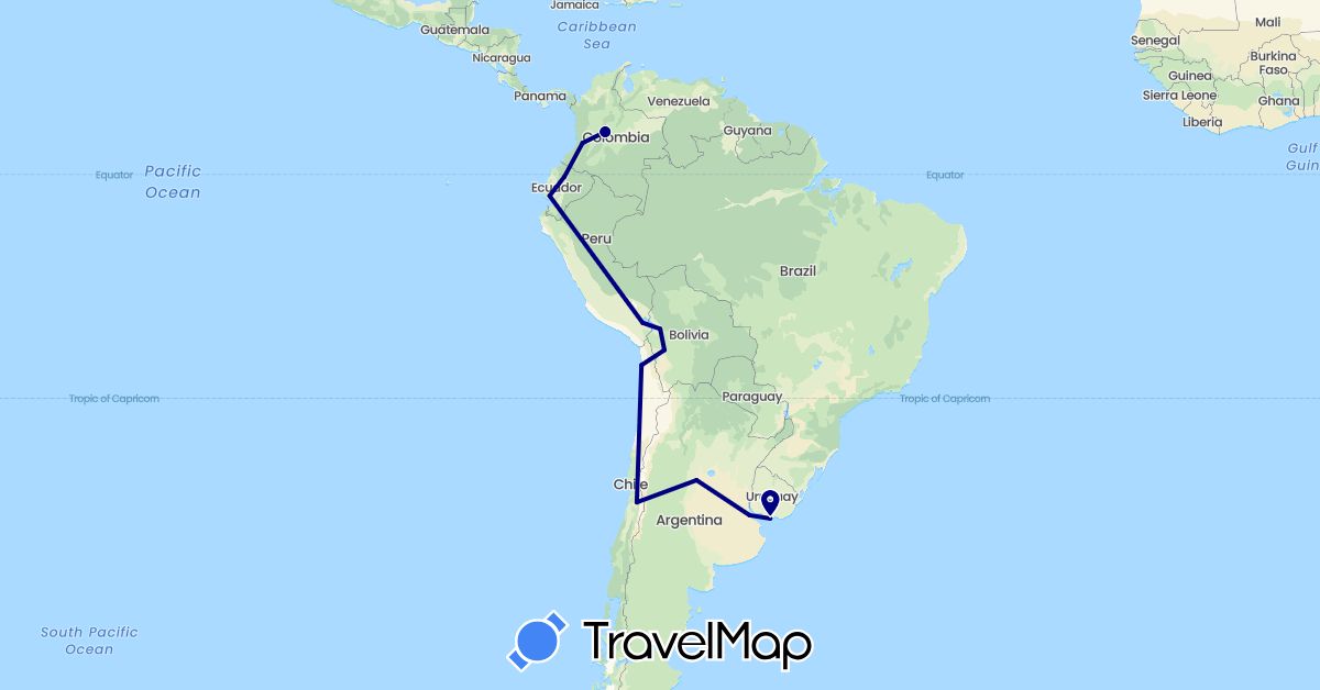 TravelMap itinerary: driving in Argentina, Bolivia, Chile, Colombia, Ecuador, Peru, Uruguay (South America)